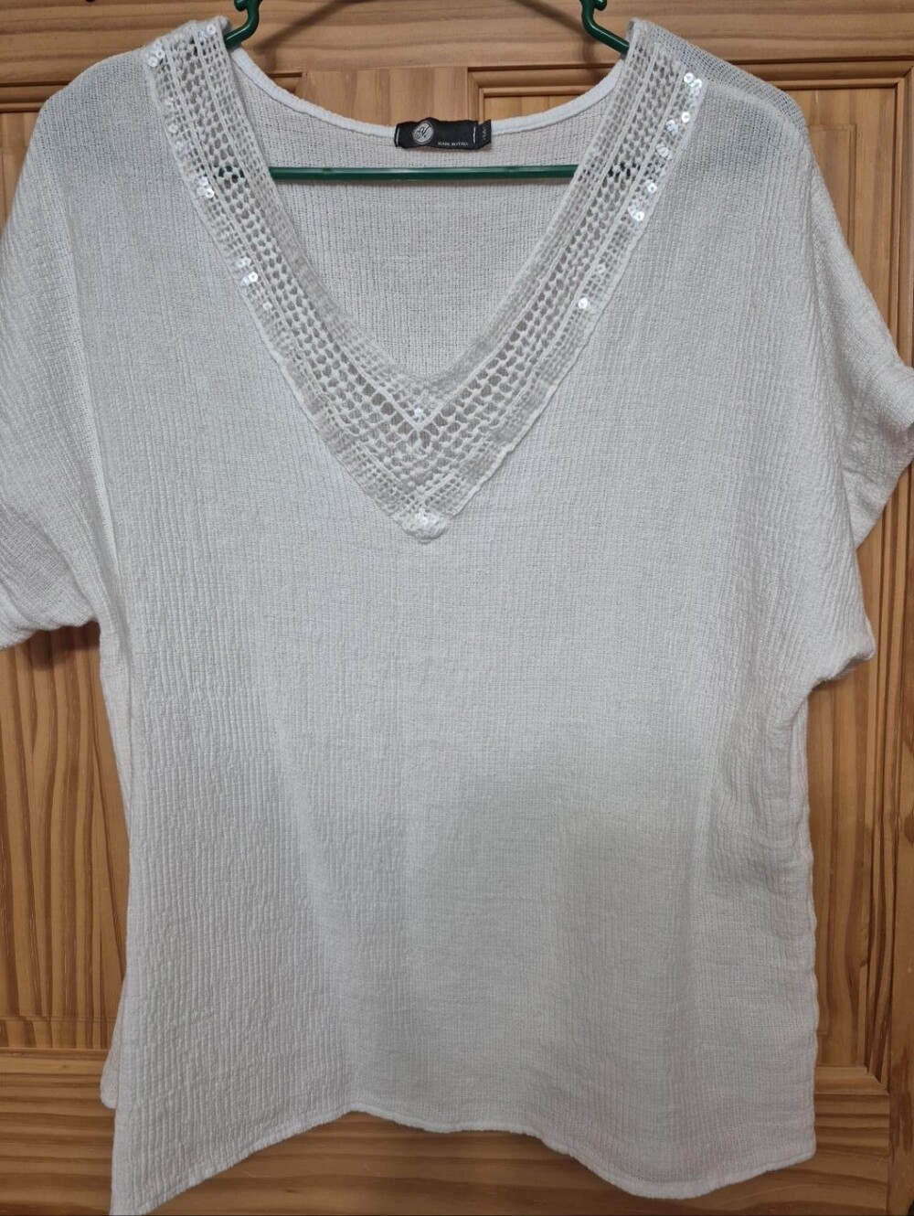 M Made in Italy 100% Cotton Ivory Gauze Top Sequin Crochet V-Neck Size M